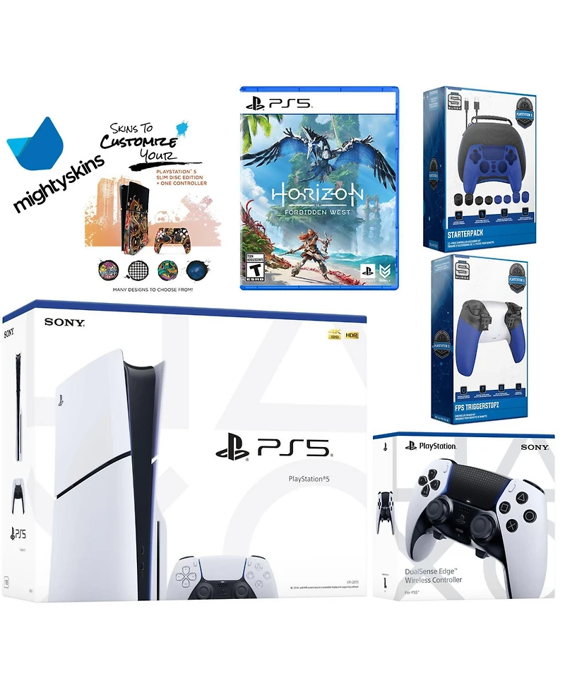Sony Playstation 5 Slim Disc Bundle with Horizon Forbidden West, Extra Edge Controller, Pro Gamer Kit, Trigger Kit and MightySkins Decal Voucher