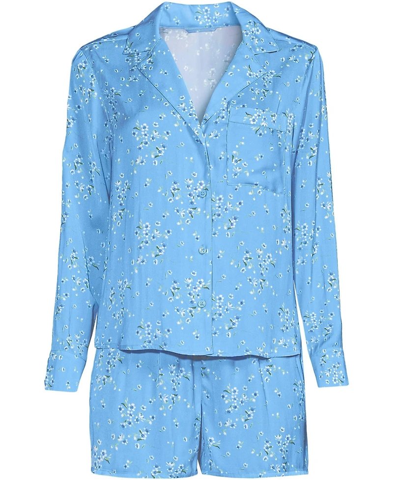 Lands' End Women's Matte Satin 2 Piece Pajama Set - Long Sleeve Top and Shorts
