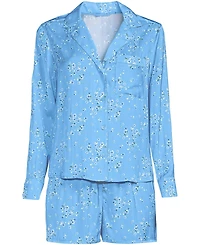 Lands' End Women's Matte Satin 2 Piece Pajama Set - Long Sleeve Top and Shorts