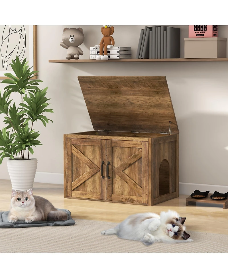 Flip Top Hidden Cat Washroom Furniture with Double Barn Doors and Removable Divider