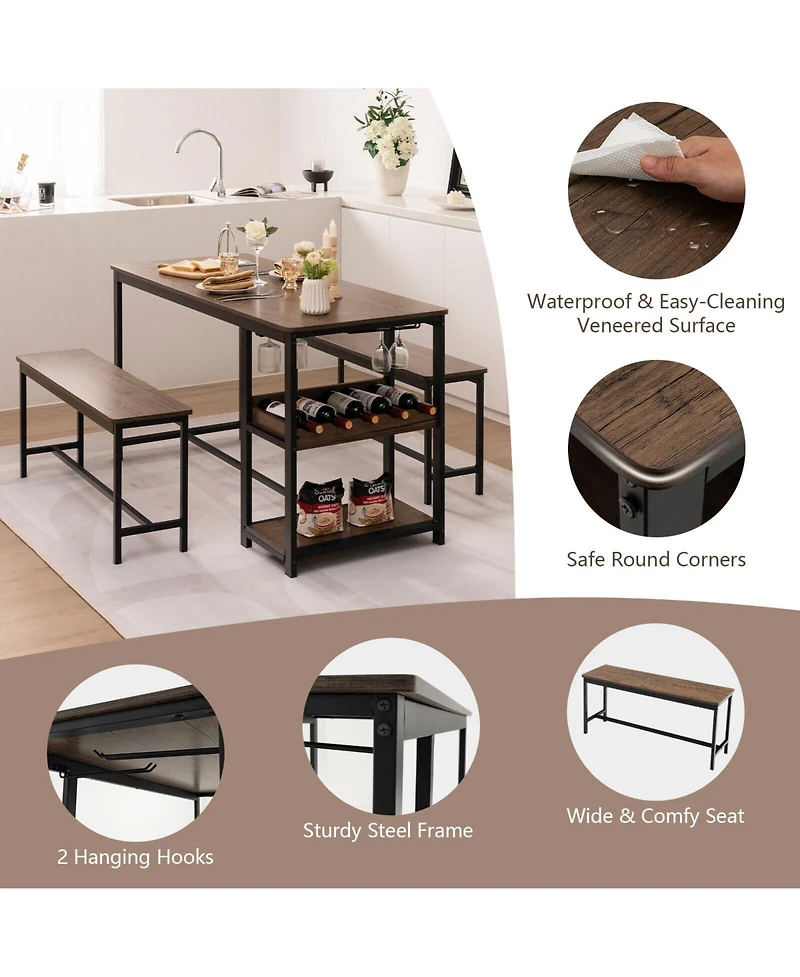 3 Pieces Dining Table Set for 4 with Wine Rack