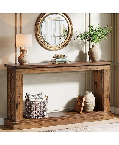 Tribesigns 63-Inch Console Table, Farmhouse Wood Sofa Table Behind Couch, 2-Tier Narrow Entryway Table with Storage, Rustic Brown