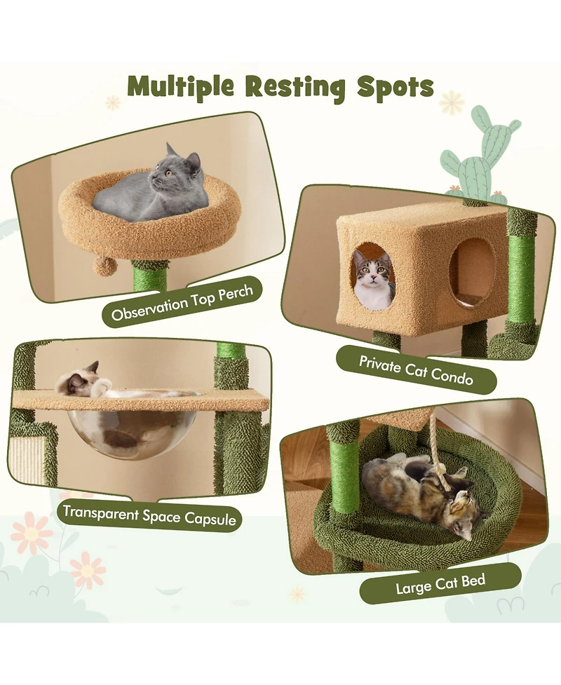 Multilevel Cactus Cat Tree with Scratching Posts, Condo, Toy & Rope Fun & Cozy Playhouse for Cats