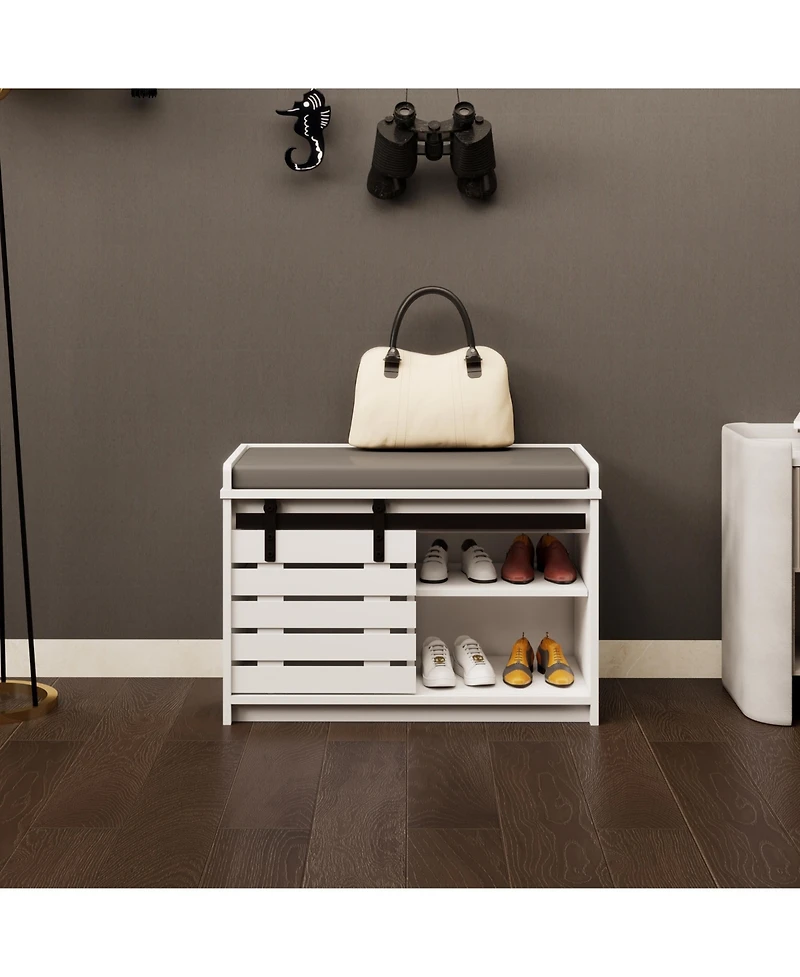 Streamdale 2-Tier Shoe Storage Bench with Barn Door, Adjustable Shelves