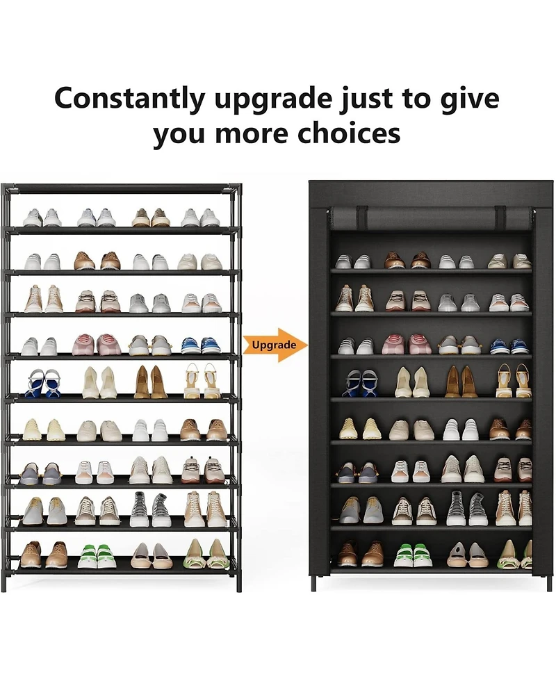 Tribesigns 10 Tier Shoes Rack with Cover,50 Pair Large Shoe Stand, Non-Woven Storage Cabinet