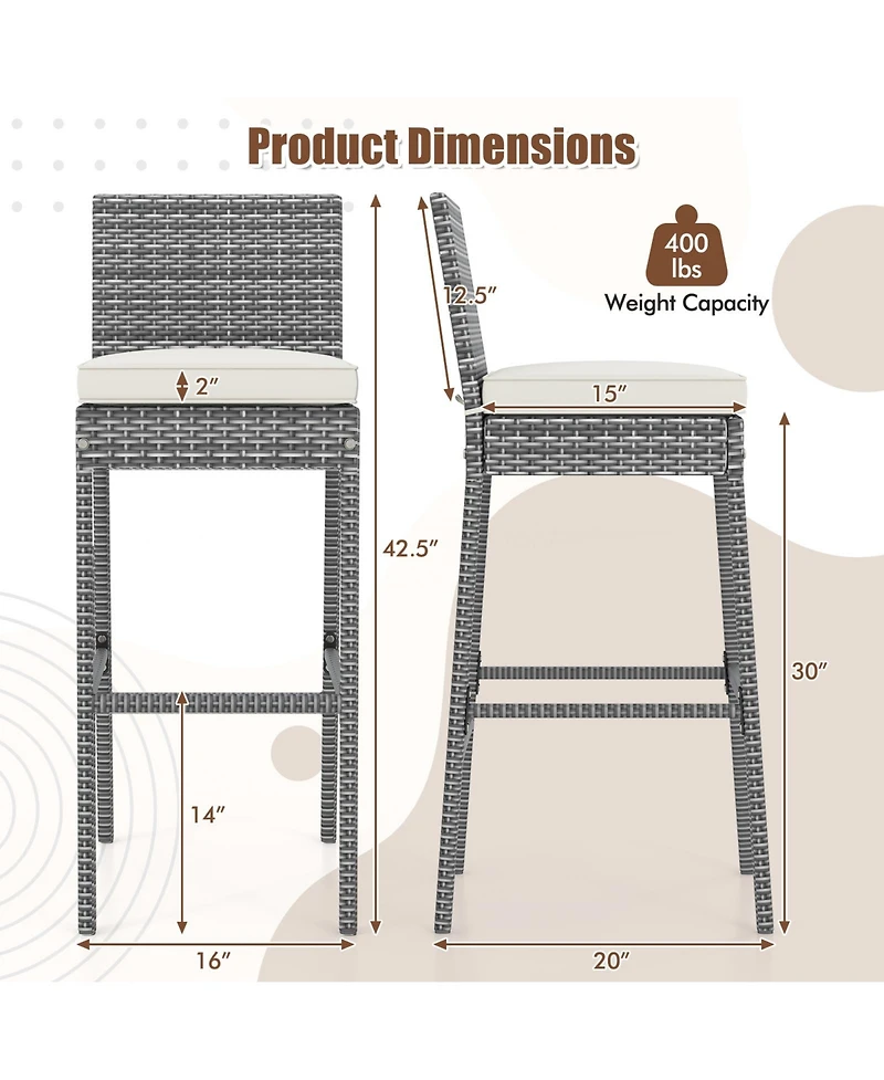 Patio Wicker Barstools with Soft Seat Cushion and Cozy Footrest-Set of 4