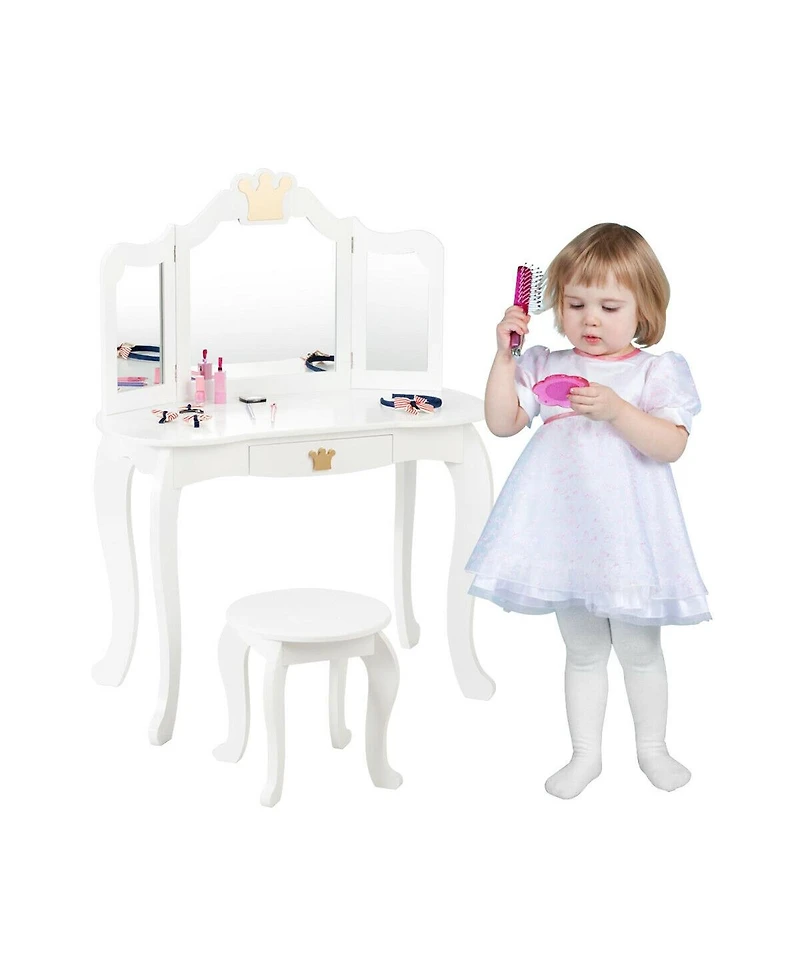 Kids Makeup Dressing Table with Tri-folding Mirror and Stool