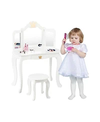 Kids Makeup Dressing Table with Tri-folding Mirror and Stool