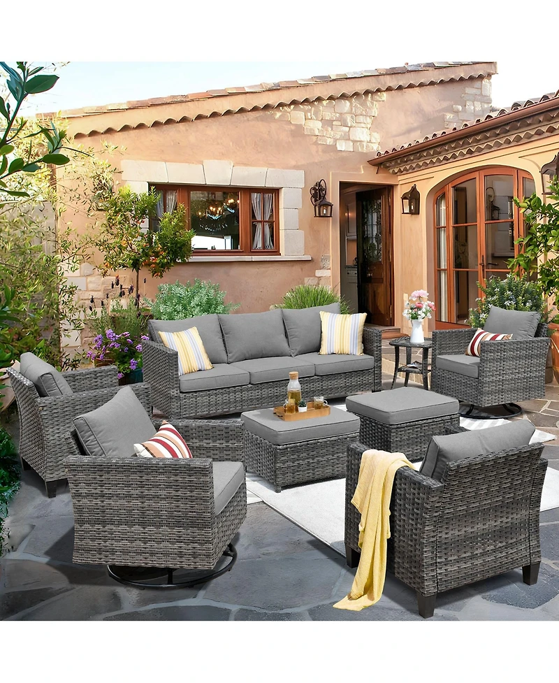 Xizzi 8 Piece Outdoor Patio Furniture Set,High Back Wicker Sofa Couch with 360° Swivel Rocking Chairs,Rattan Chairs and Ottoman Conversation Set