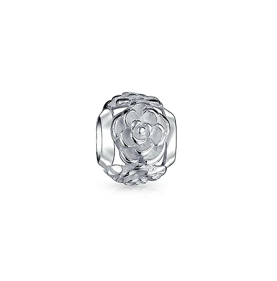 Bling Jewelry Black Rose Charm Bead Sterling Silver European Bracelet - Floral Garden Design