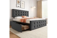 Queen Size Bed Frame with 4 Storage Drawers and Headboard, Linen Upholstered Platform Bed Frame with Wooden Slats Support, Button Tufted Design, No Bo