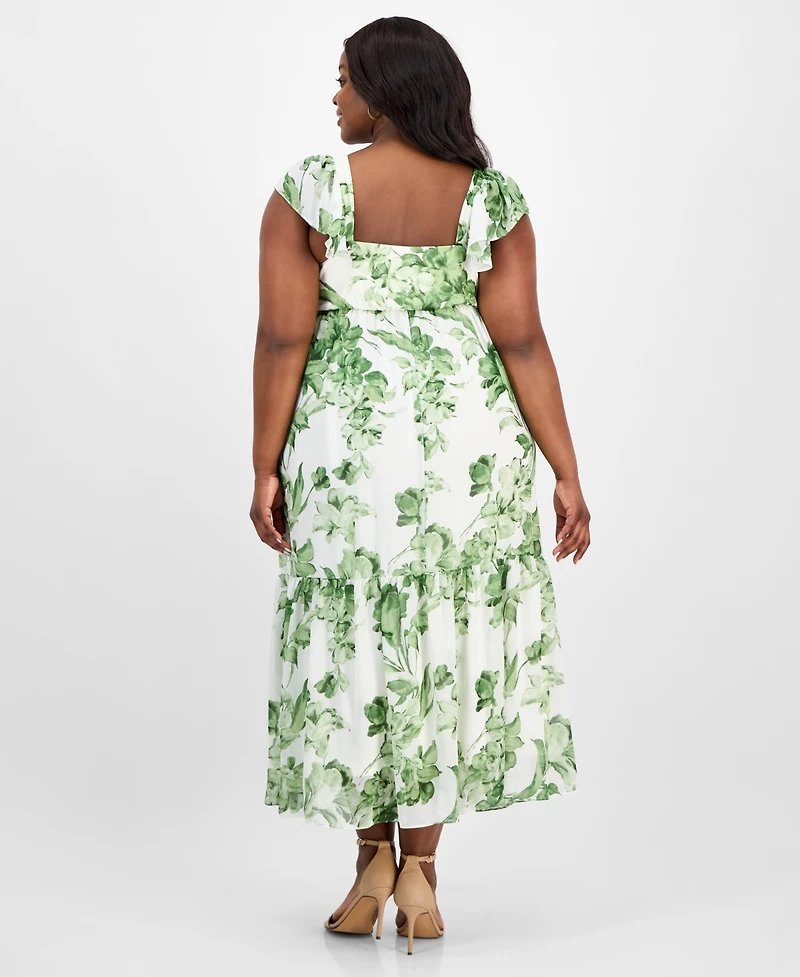 Taylor Plus Size Printed Chiffon Ruffle-Sleeve Maxi Dress