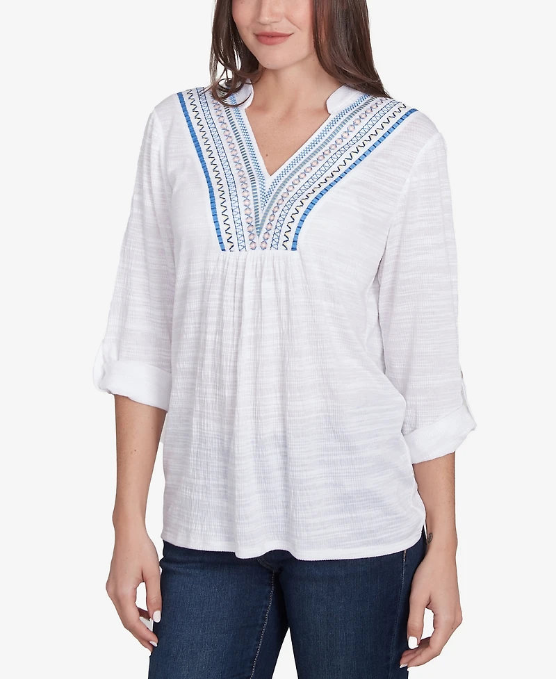 Ruby Rd. Petite Soft Relaxed Textured Trim V-Neck Top