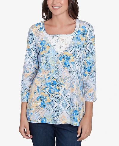 Ruby Rd. Petite Watercolor Floral Patchwork Square Neck Top