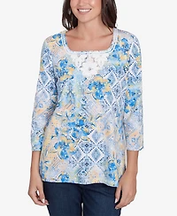 Ruby Rd. Petite Watercolor Floral Patchwork Square Neck Top