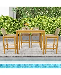 Set of 4 Patio Wood Barstools Rattan Bar Height Chairs with Backrest Porch Balcony