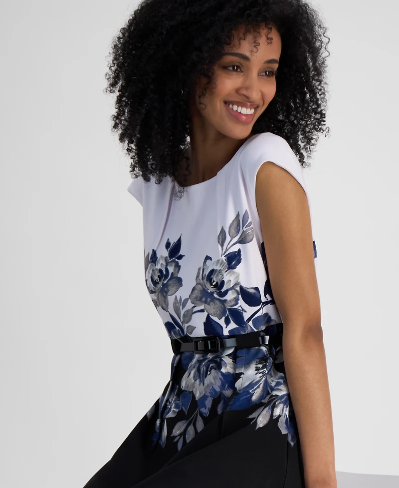 Connected Petite Jewel-Neck Printed Scuba Sheath Dress