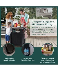 Keter Unity 40 Gal Patio Storage Grilling Bar Cart w/ Stainless Steel Top, Brown