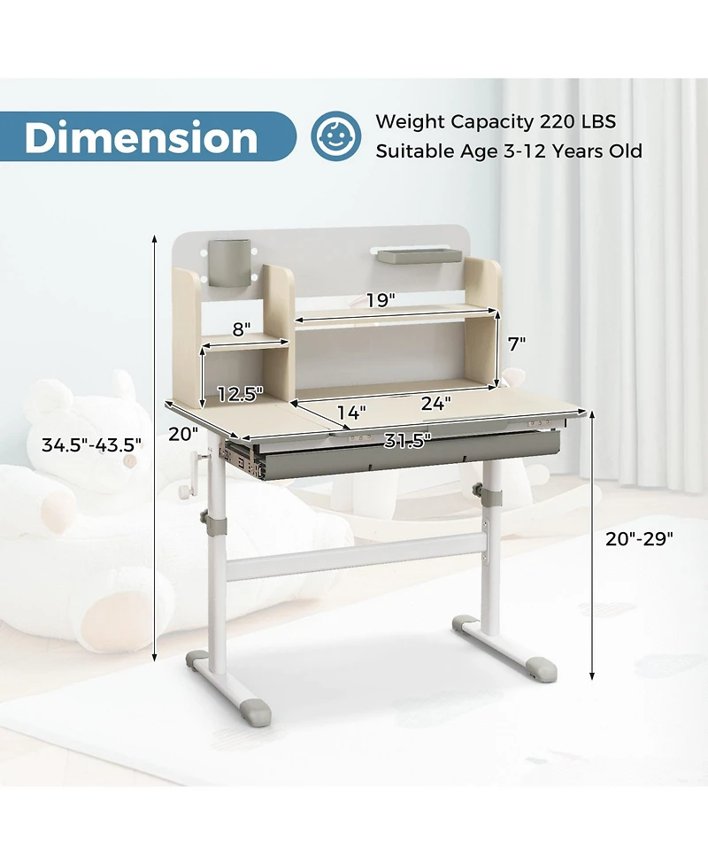Height Adjustable Kids Study Desk with Tilt Desktop for 3-12 Years Old