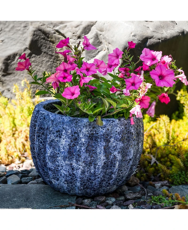 Fluted Lava Finish Ceramic Planter - Dark Blue - 13.5" Round