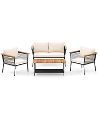 Gymax Set of 4 Furniture Set w/2-Tier Coffee Table Acacia Wood Armrests Tabletop