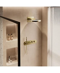 16-inch Thermostatic Shower System 2-Function Wall Mounted All-Copper Set with Rainfall & Waterfall Modes 59" Hose Ergonomic Handheld, Brushe