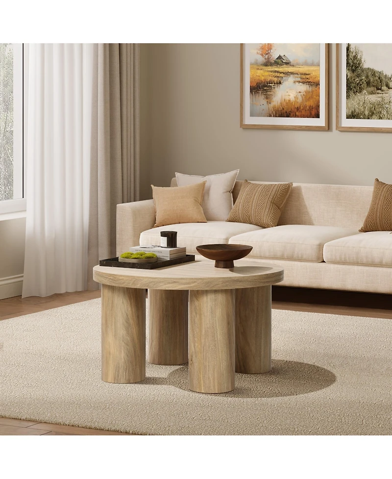 LuxenHome Oak Finish Manufactured Wood Round Coffee Table with 4 Pillar Legs