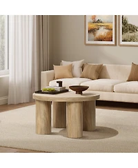 LuxenHome Oak Finish Manufactured Wood Round Coffee Table with 4 Pillar Legs