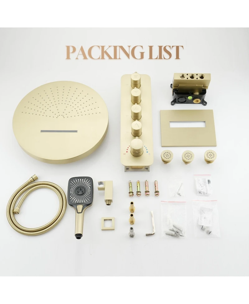 3-Function Wall Mounted 16" Thermostatic Shower System with Body Jets, 2-Mode Rainfall Showerhead, 3-Spray Handheld, Brushed Gold