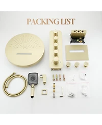 3-Function Wall Mounted 16" Thermostatic Shower System with Body Jets, 2-Mode Rainfall Showerhead, 3-Spray Handheld, Brushed Gold