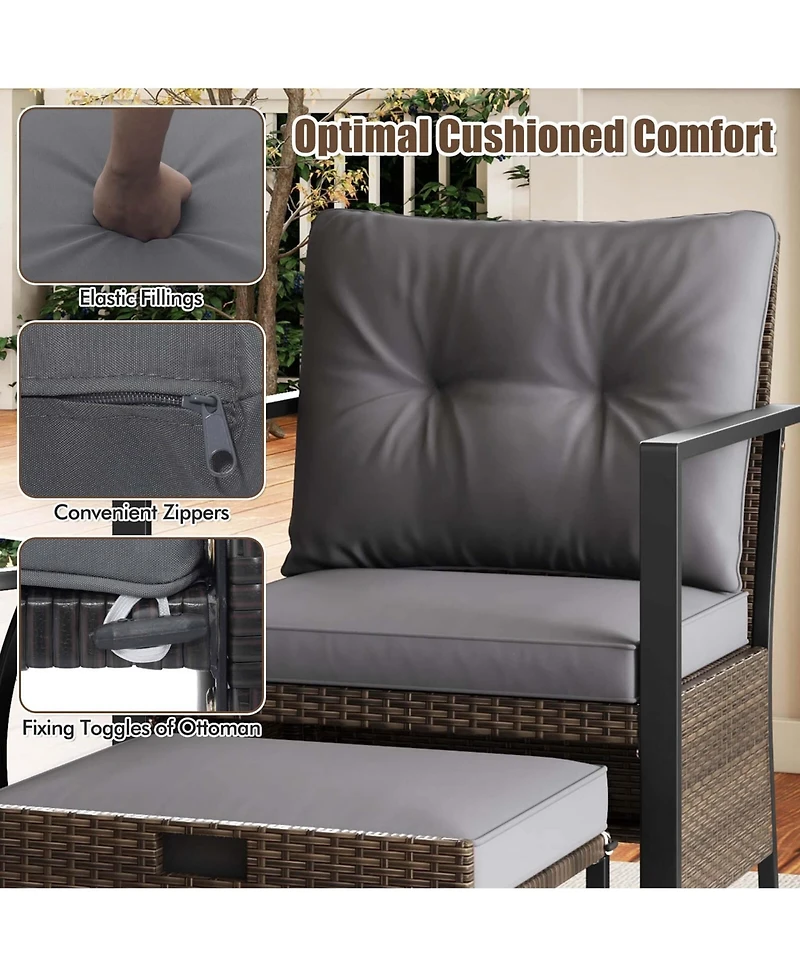 Gymax Set of 5 Furniture Rattan Chairs & Ottomans w/ Glass Topped Coffee Table Patio