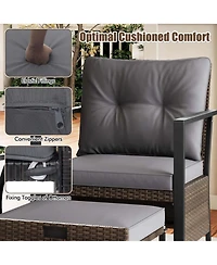 Gymax Set of 5 Furniture Rattan Chairs & Ottomans w/ Glass Topped Coffee Table Patio