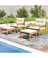 Gymax 5 Piece Rattan Furniture Set Wood Frame Chairs & Ottomans w/ Square Coffee Table