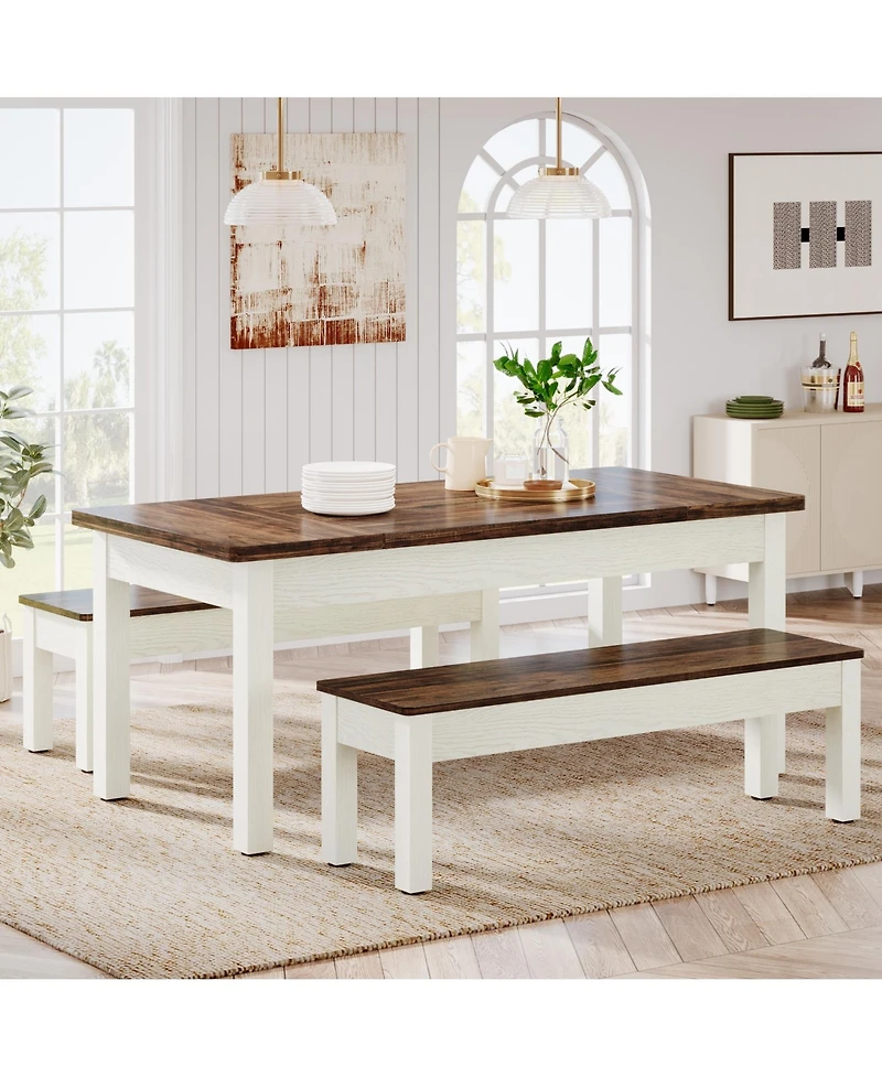 Tribesigns 55-Inch Large Dining Table Set for 4-6, 3 Pieces Wood Kitchen Table with 2 Benches, Rectangular Dinner Room Table Set for Kitchen, Dining R