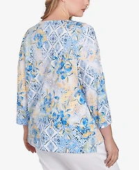 Ruby Rd. Plus Size Watercolor Floral Patchwork 3/4 Sleeve Top