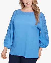 Ruby Rd. Plus Solid Textured Eyelet 3/4 Sleeve Top