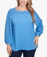 Ruby Rd. Plus Solid Textured Eyelet 3/4 Sleeve Top