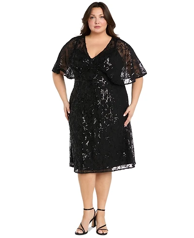 R & M Richards Plus Cape-Sleeve Sequin Empire-Waist Dress