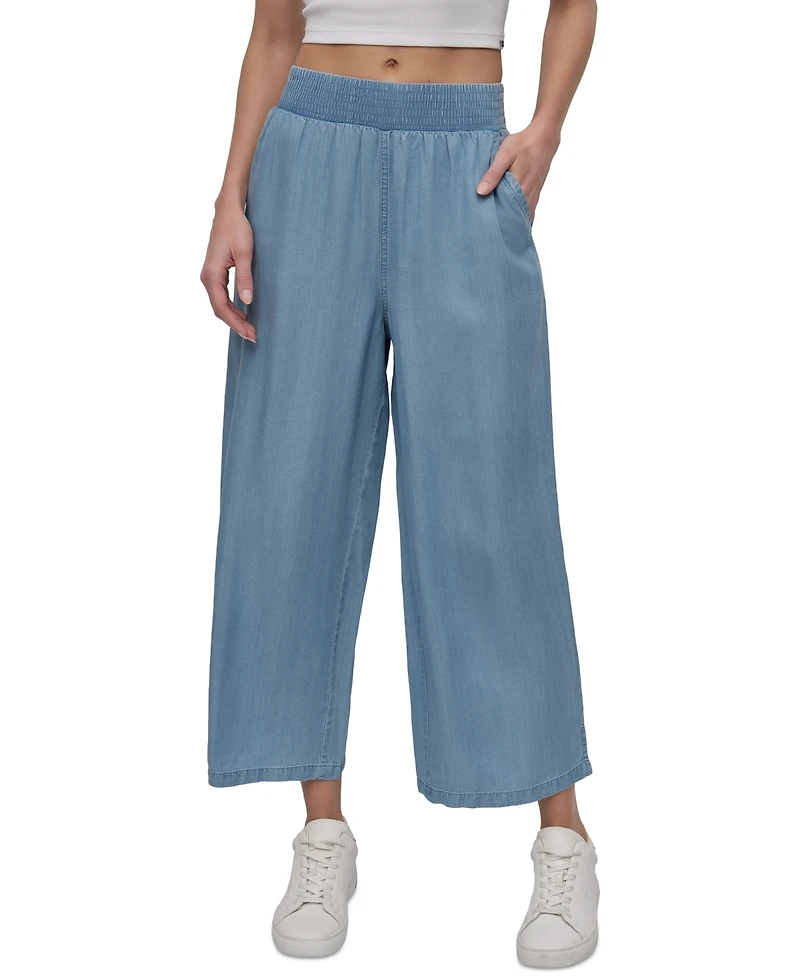 Dkny Jeans Petite Chambray Smocked-Waist Wide-Leg Ankle Pants