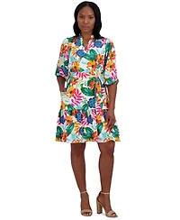 Jessica Howard Women's Floral Balloon-Sleeve Split-Neck Dress