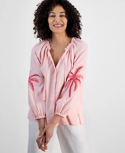 Charter Club Petite 100% Linen Tie-Neck Embroidered-Sleeve Top, Exclusively at Macy's