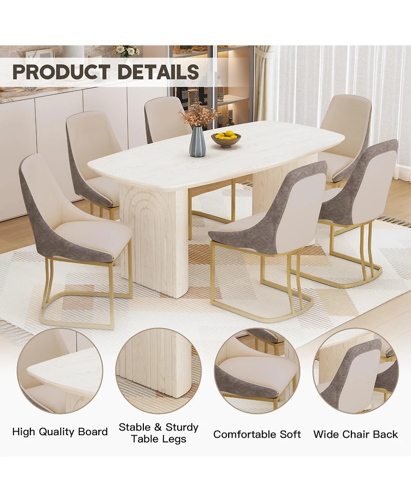 70.8-Inch High-End Solid Wood Table With Fabric +Pu Modern Dining Side Chairs (Dining And Chair Set)