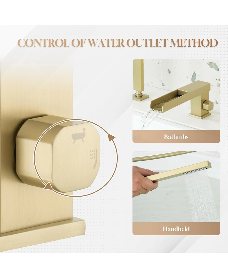 Waterfall Roman Tub Faucet with Hand Shower,Deck Mount Black Bathtub Faucets Brass Filler Bathroom Shower, Brushed Gold