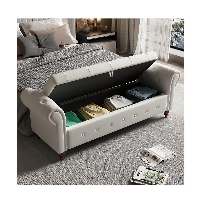 63 Inch Upholstered Storage Bench with Rolled Arms, Tufted Ottoman Large Hidden Compartment-The Pop Home