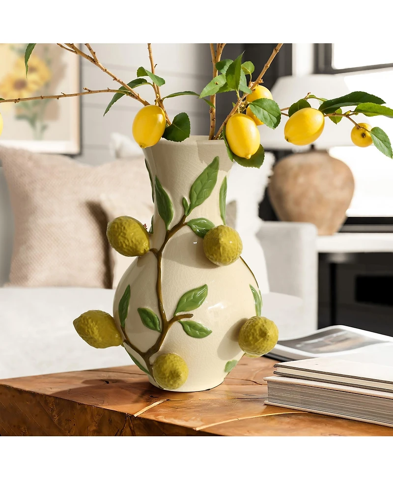 LuxenHome Ivory with Yellow Lemons Ceramic 13.8-Inch Tall Vase