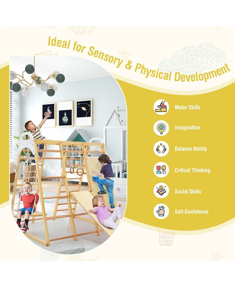 8-in-1 Wooden Jungle Gym Playset with Slide and Monkey Bars For Outdoor Play