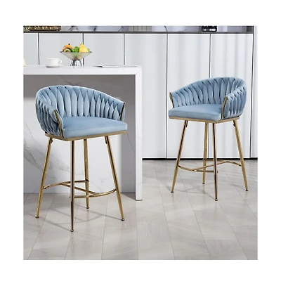 26 Inch Velvet Counter Height Stools with Hand-Wave Back, Metal Legs & Footrest,Set of 2 -The Pop Home