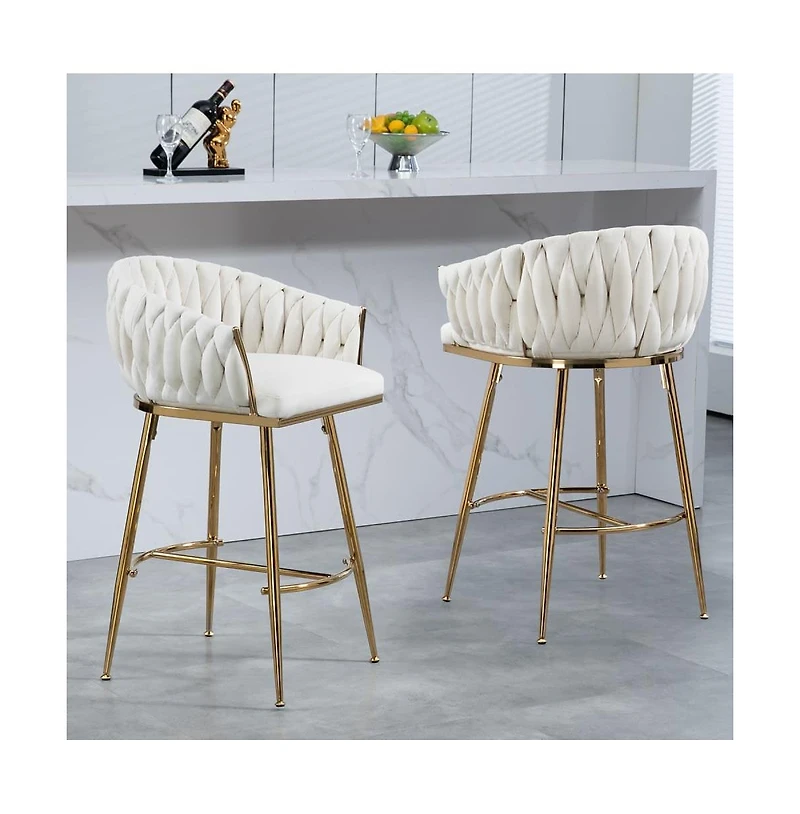 26 Inch Velvet Counter Height Bar Stools with Hand-Wave Back, Adjustable Metal Legs & Footrest,Set of 2 -The Pop Home