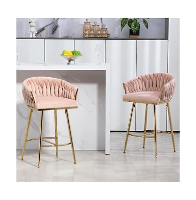 26 Inch Velvet Counter Height Stools with Hand-Wave Back, Metal Legs & Footrest,Set of 2 -The Pop Home