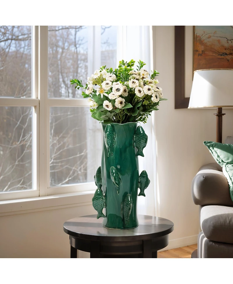 LuxenHome Marine Green Ceramic Fish 15.6-Inch Tall Vase